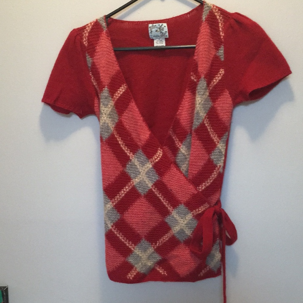 Anthropologie argyle red short-sleeve wrap sweater